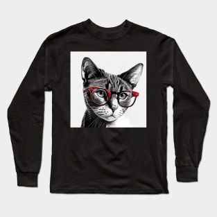 Black and White Cat Portrait with Red Glasses Long Sleeve T-Shirt